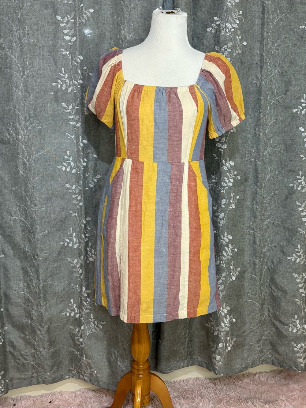 Striped Square-Neck Puff Sleeve Dress - Multicolor